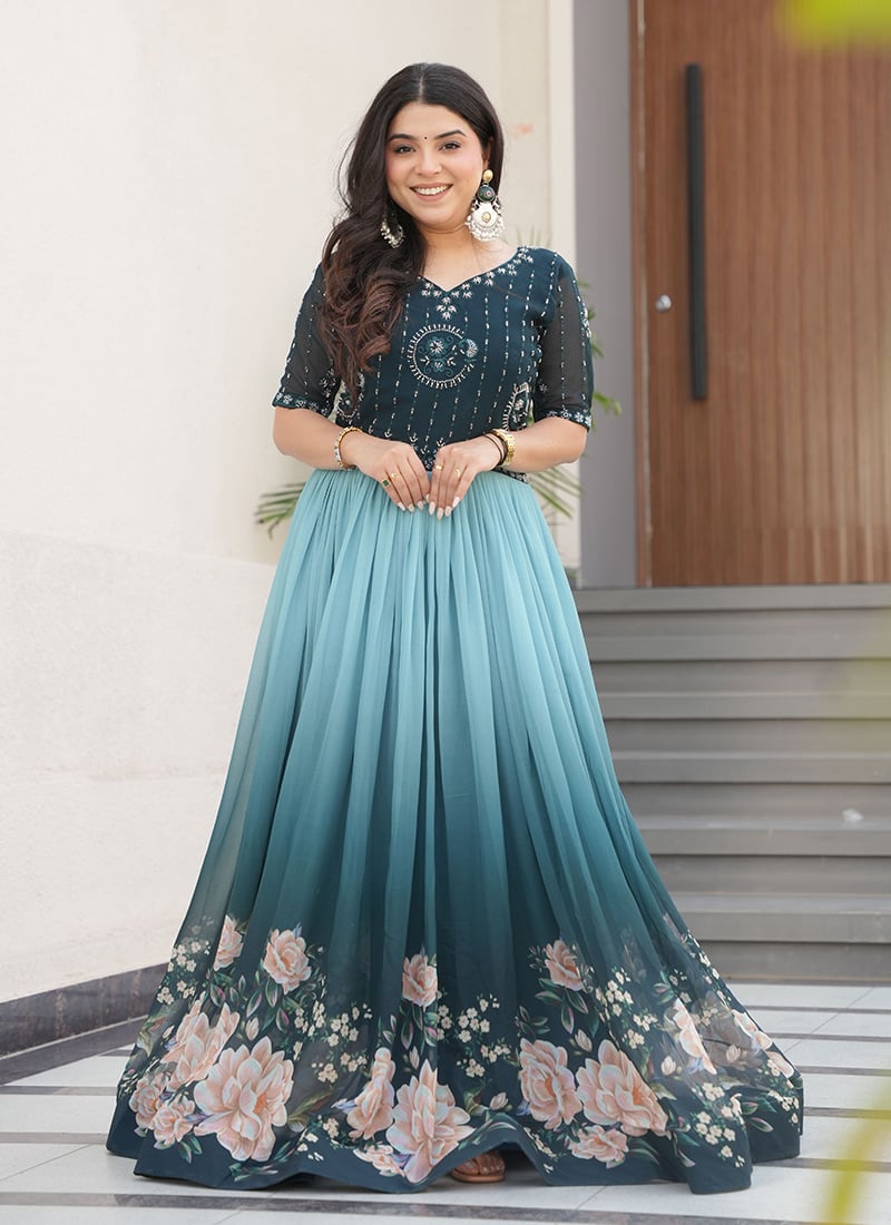 Rama Blue Faux Georgette Thread Embroidered With Beads Anarkali Gown Festive Wear