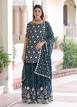Rama Blue Faux Georgette Zari Sequin Embroidered Palazzo Suit