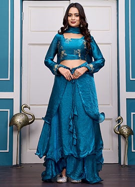 Rama Blue Fendy Silk Embroidered Lehenga