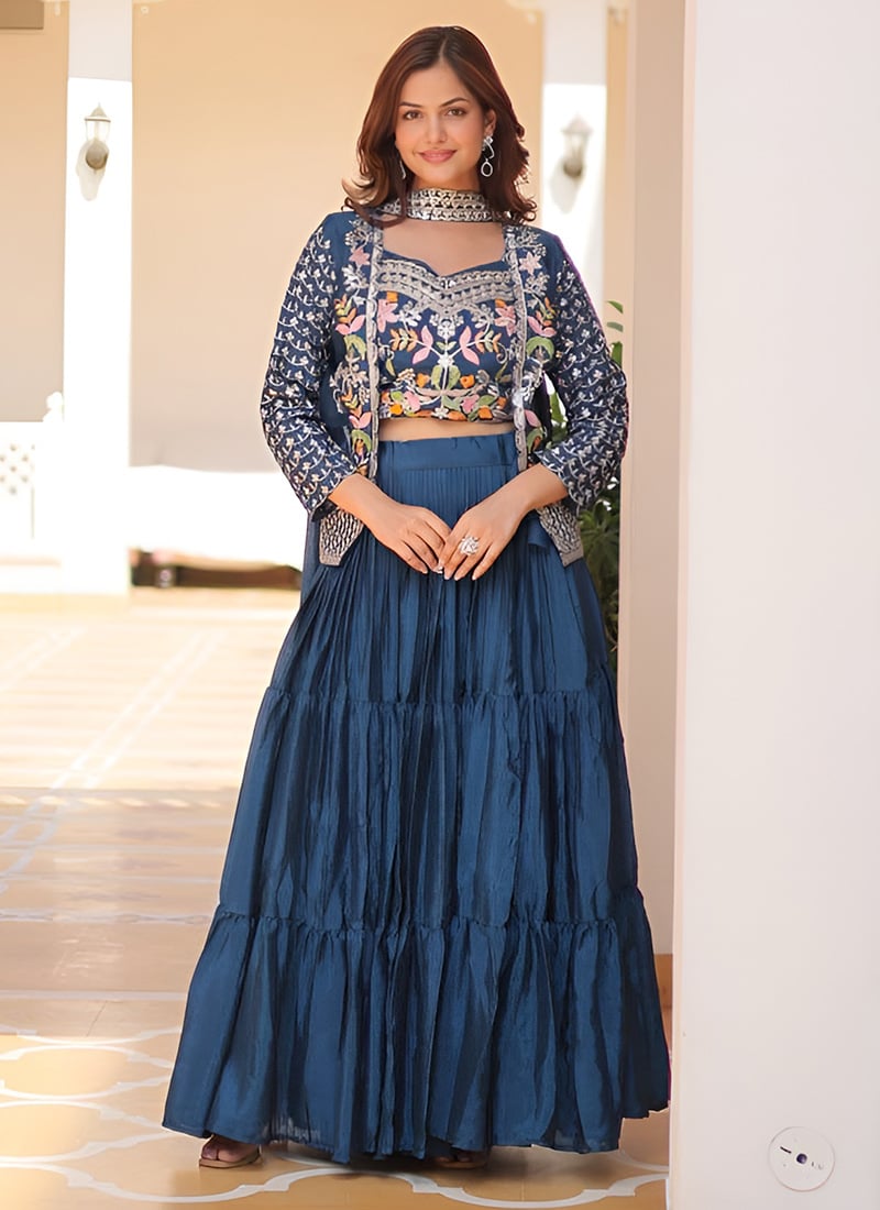 Rama Blue Foil Print Thread Umbrella Lehenga Festive Wear
