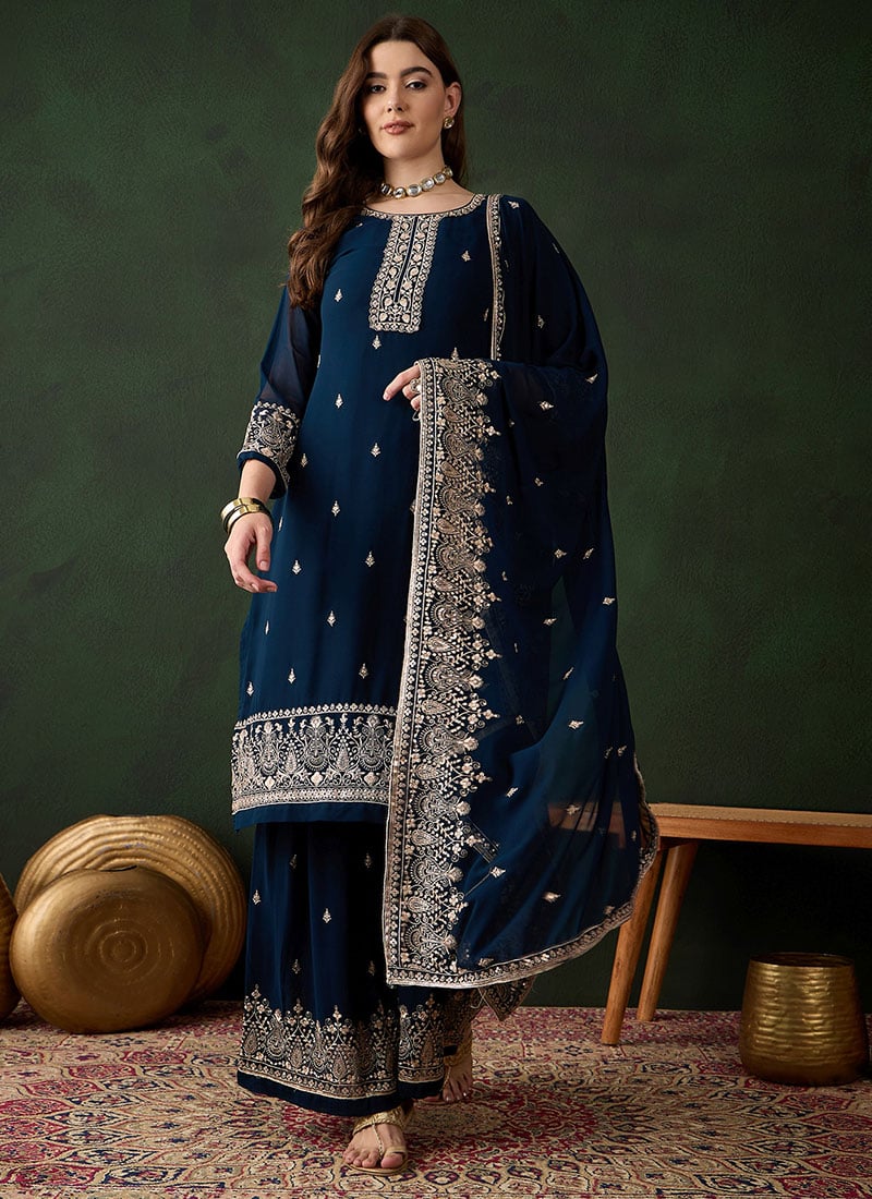 Rama Blue Georgette Embroidered Pakistani Straight Pant Suit Festive Wear