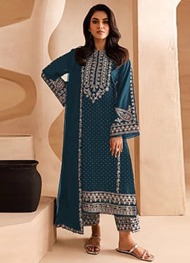 Rama Blue Georgette Embroidered Straight Pant Suit