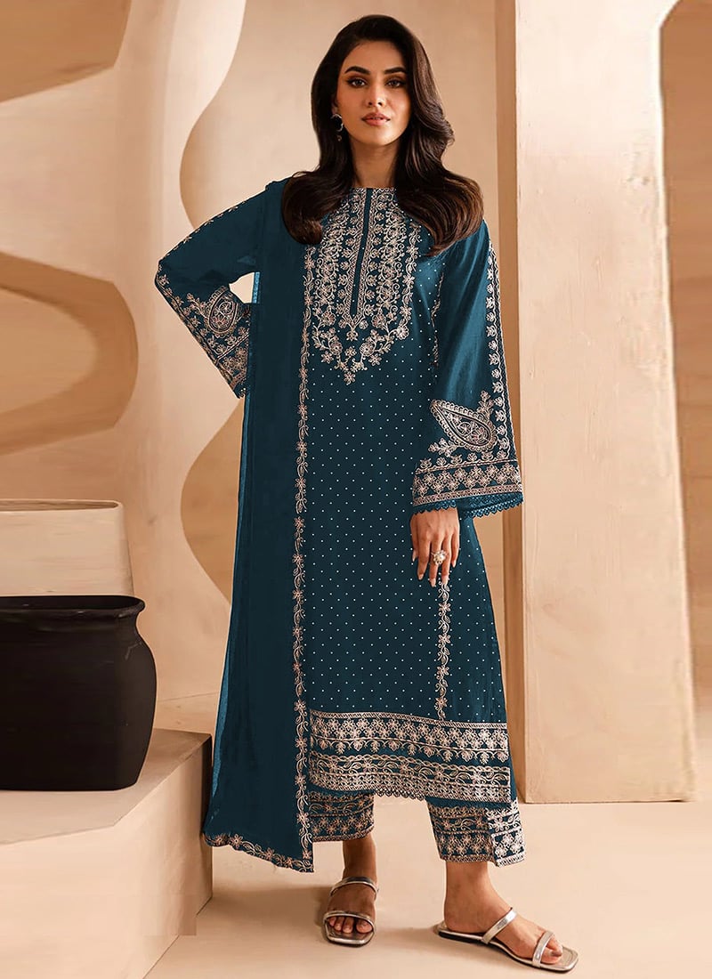 Rama Blue Georgette Embroidered Straight Pant Suit Festive Wear
