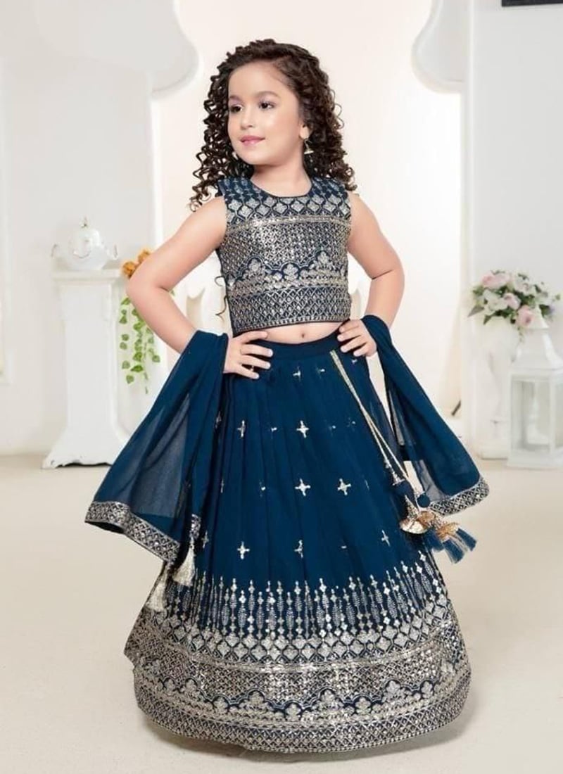 Rama Blue Georgette Embroidery Lehenga For Kids Girls  Festive Wear