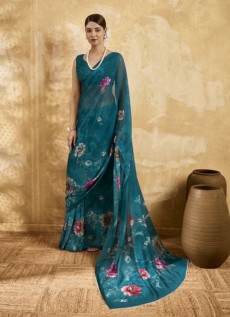 Rama Blue Georgette Floral Printed Saree After Six Wear