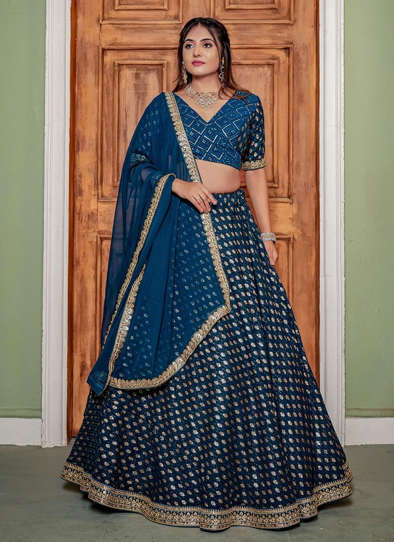 Rama Blue Georgette Foil Print Sequins Zari Embroidered Lehenga