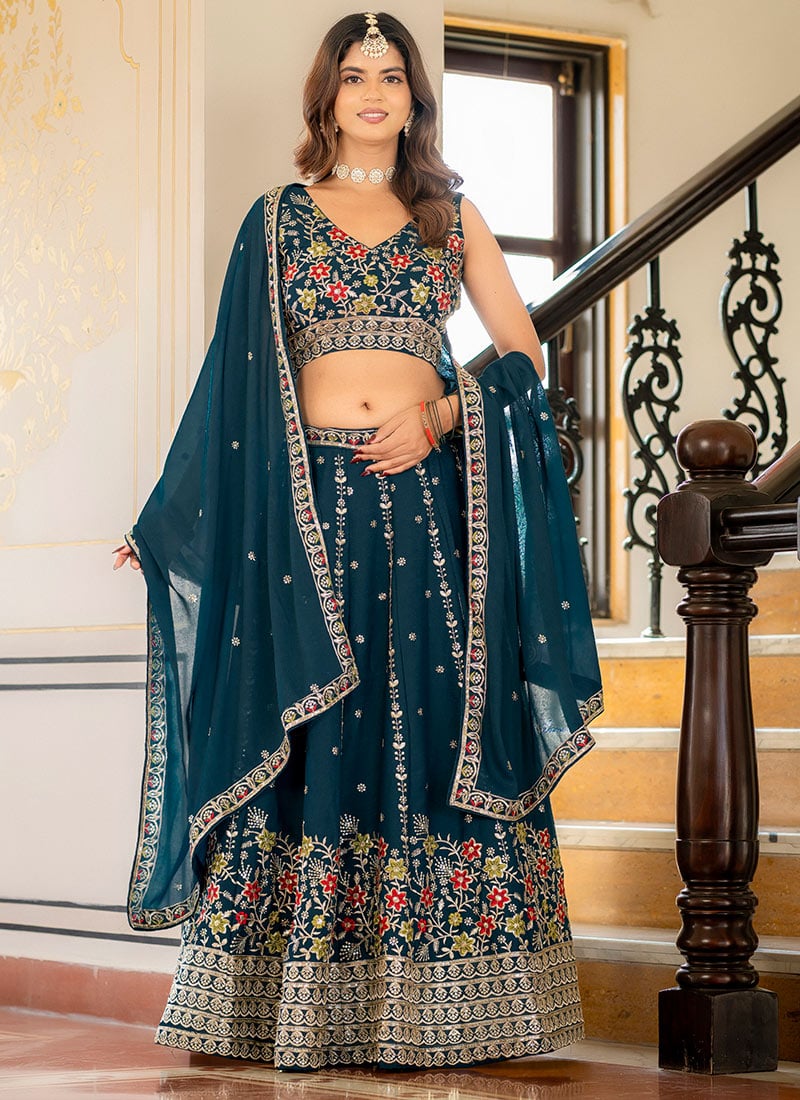 Rama Blue Georgette Zari Embroidered Sequins Lehenga Wedding Wear