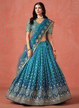Rama Blue Georgette Zari Embroidered Sequins Umbrella Lehenga Wedding Wear