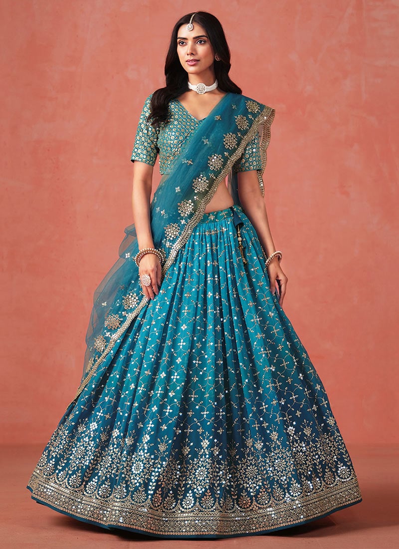 Rama Blue Georgette Zari Embroidered Sequins Umbrella Lehenga Wedding Wear