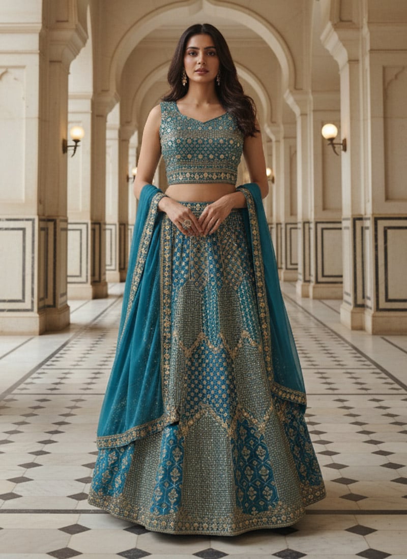 Rama Blue Georgette Zari Sequins Embroidered Festive Lehenga Choli Wedding Wear