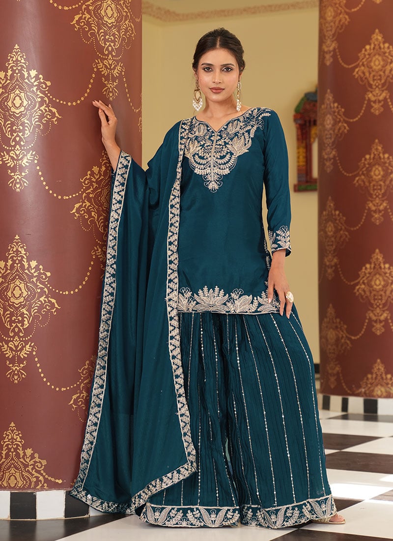 Rama Blue Green Chinon Silk Zari Embroidered Sequins Palazzo Suit Festive Wear