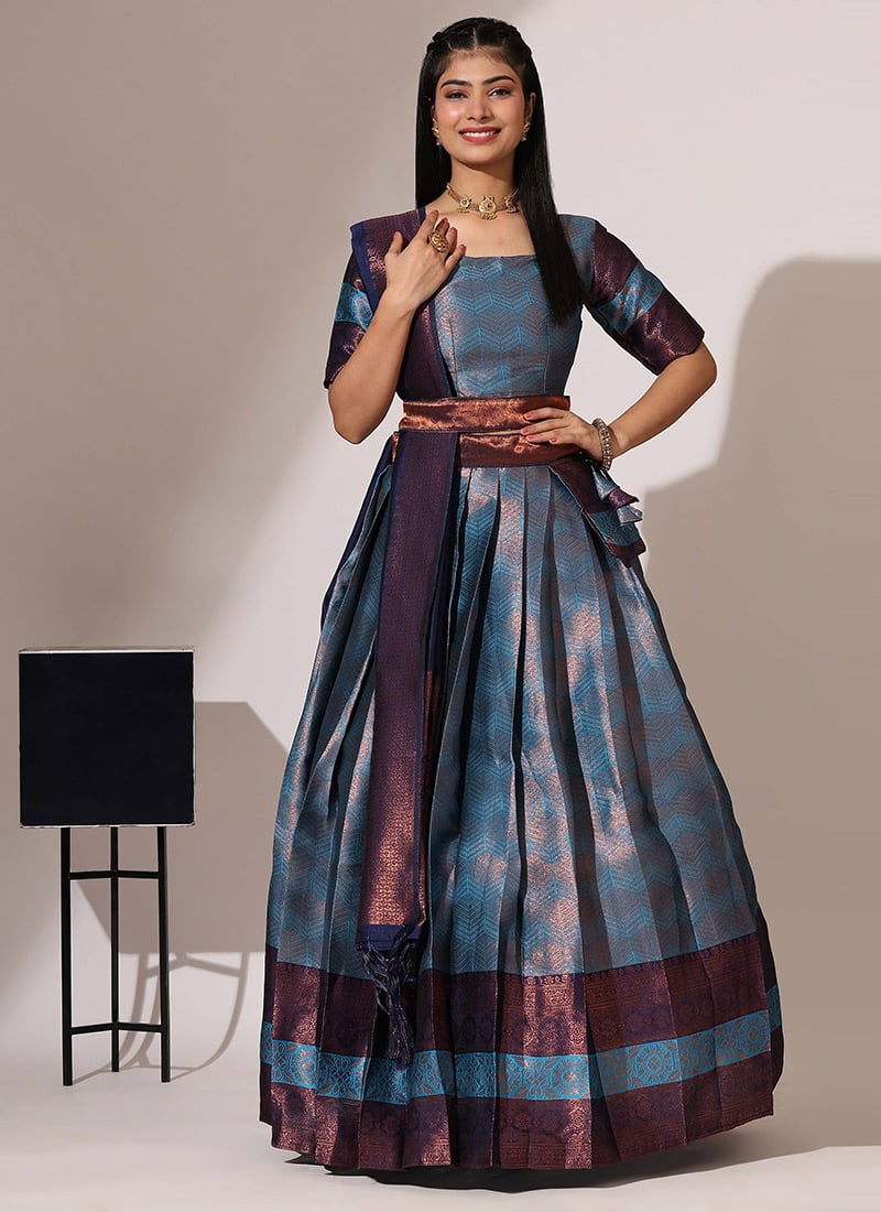Rama Blue Litchi Silk Zari A Line Lehenga Festive Wear