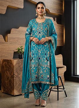 Rama Blue Natural Crepe Embroidered Patiala Salwar Suit