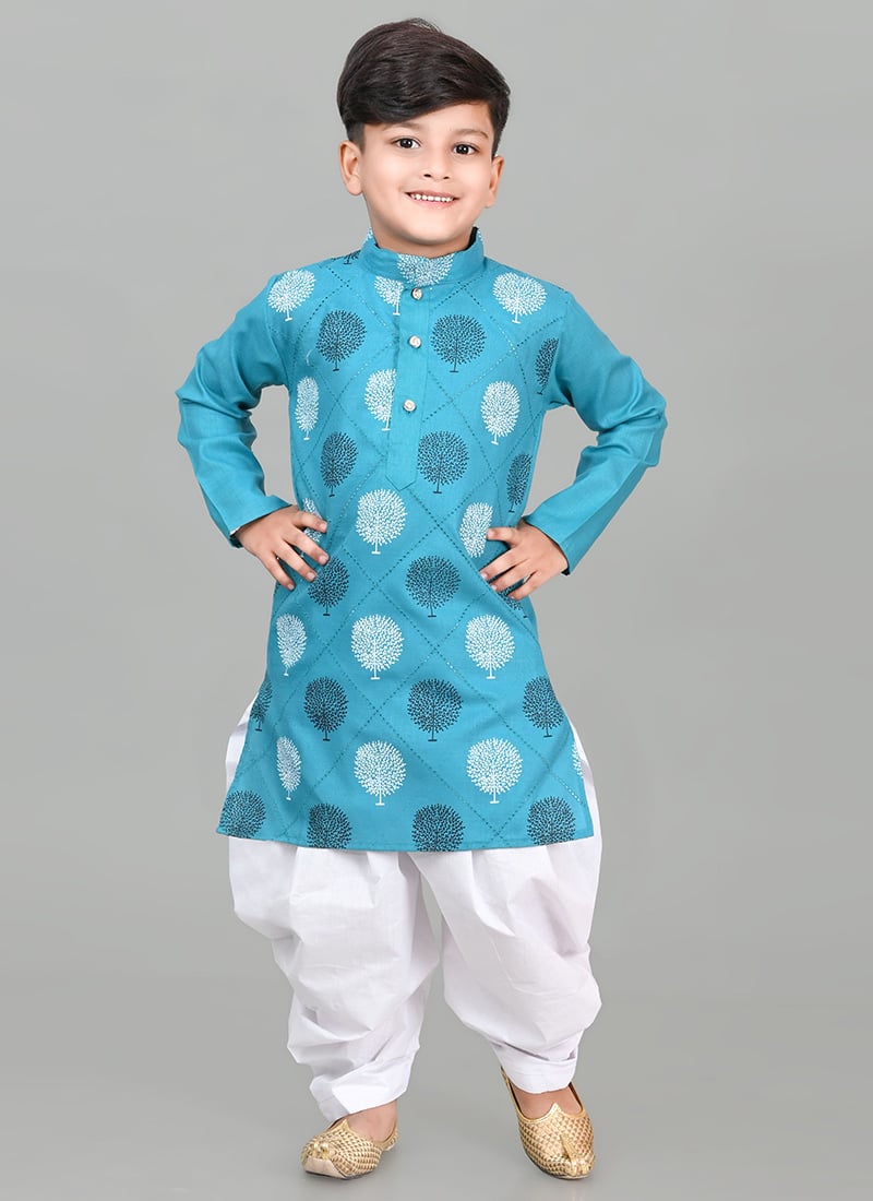 Rama Blue Printed Cotton Kids Dhoti Style Kurta Pyjama Festive Wear