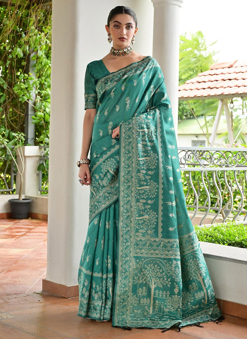 Rama Blue Raw Silk Handloom Woven Saree Festive Wear