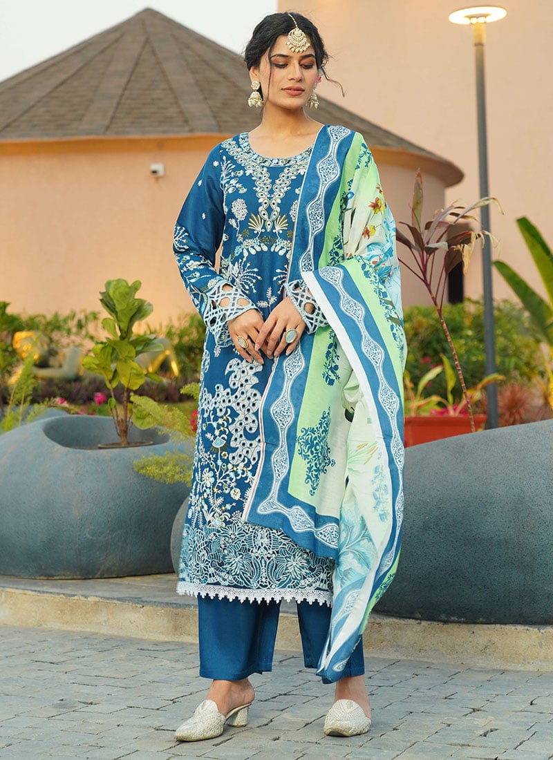 Rama Blue Rayon Embroidered Sequins Straight Pant Suit Festive Wear