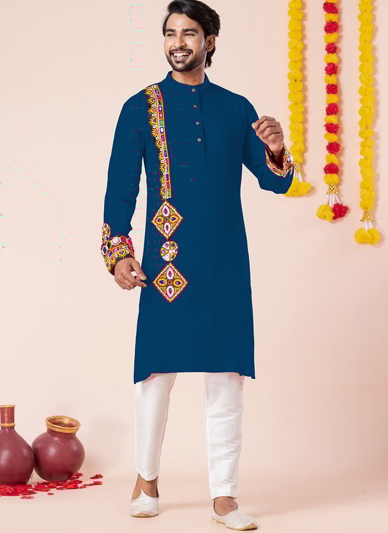 Rama Blue Rayon Kutch Work Kurta Pyjama Festive Wear