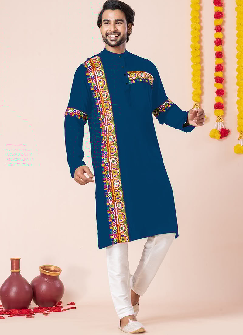 Rama Blue Rayon Kutch Work Kurta Pyjama Festive Wear