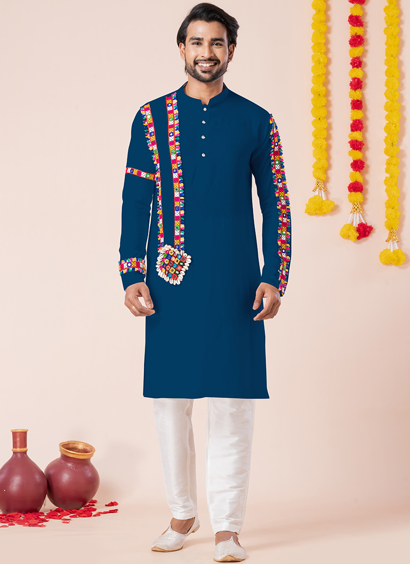 Rama Blue Rayon Kutch Work Kurta Pyjama Festive Wear