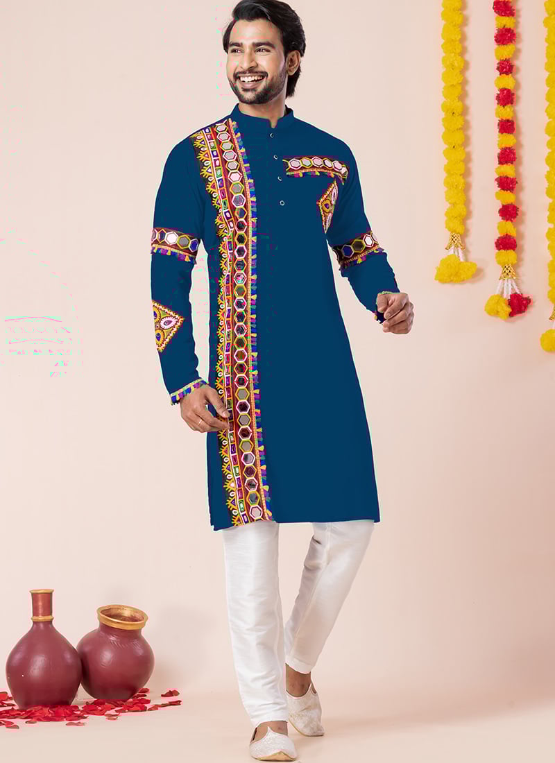 Rama Blue Rayon Kutch Work Kurta Pyjama