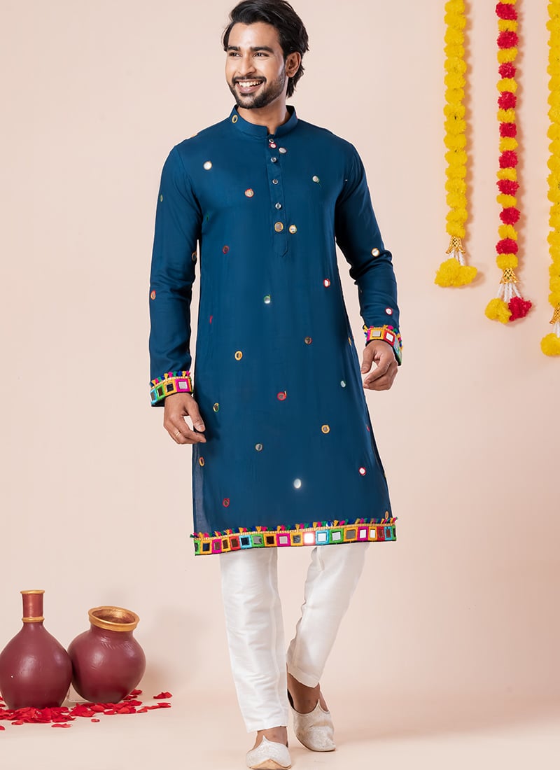 Rama Blue Rayon Kutch Work Kurta Pyjama Festive Wear