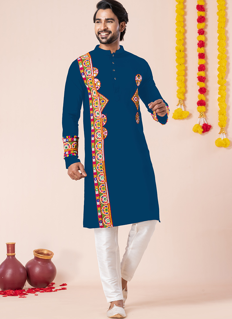 Rama Blue Rayon Kutch Work Kurta Pyjama Festive Wear