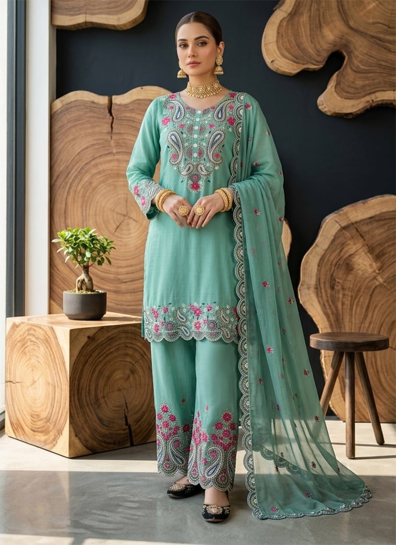 Rama Blue Roman Silk Embroidered Palazzo Suit Festive Wear