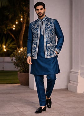 Rama Blue Satin Embroidered Bandi Set With Kurta And Straight Pant For Men