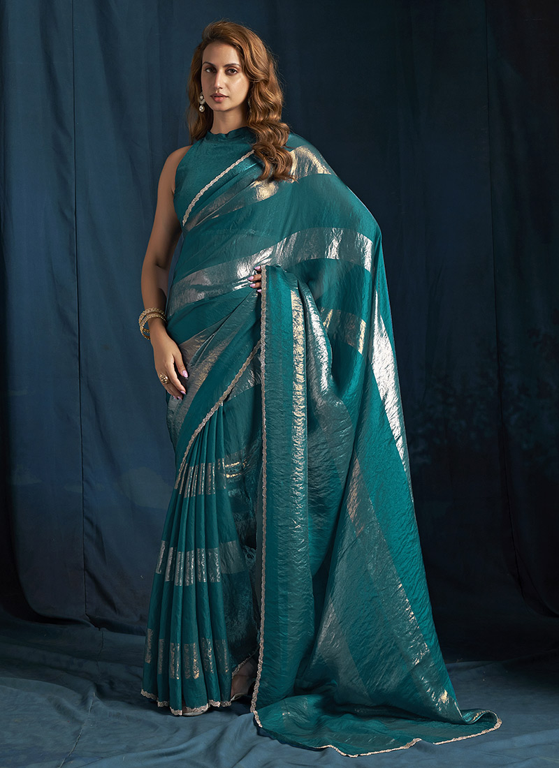 Rama Blue Satin Silk Tikki Work Saree After Six Wear
