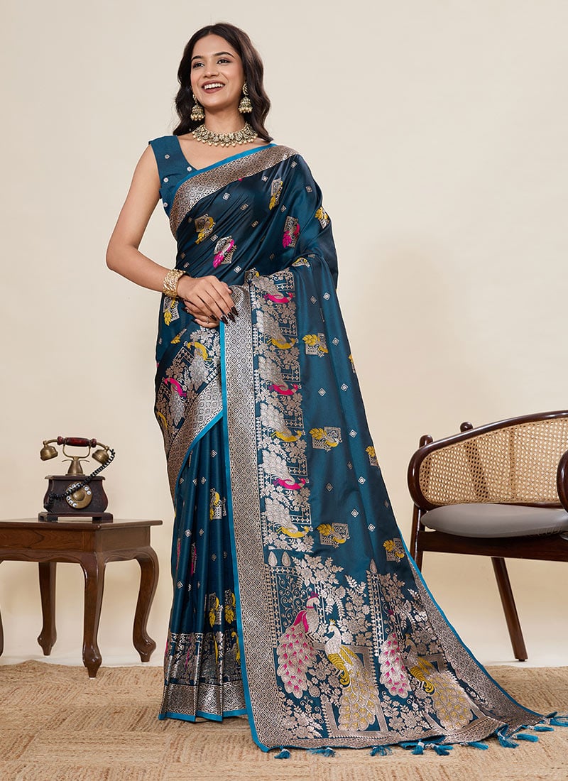 Rama Blue Satin Silk Woven Zari And Foil Print Saree