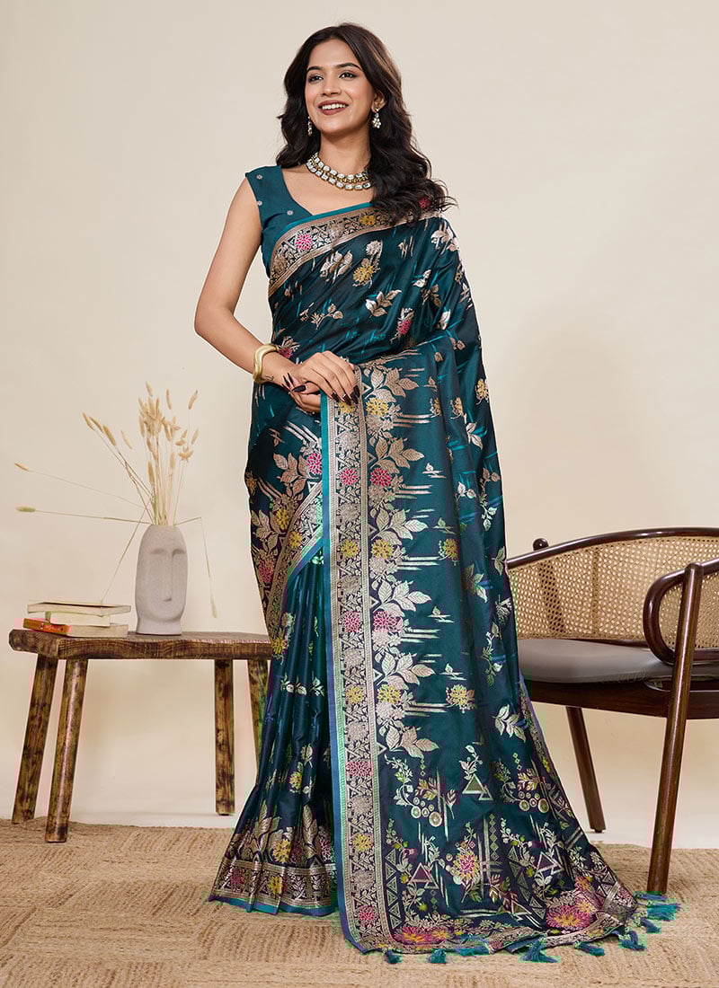 Rama Blue Satin Silk Woven Zari Saree Festive Wear