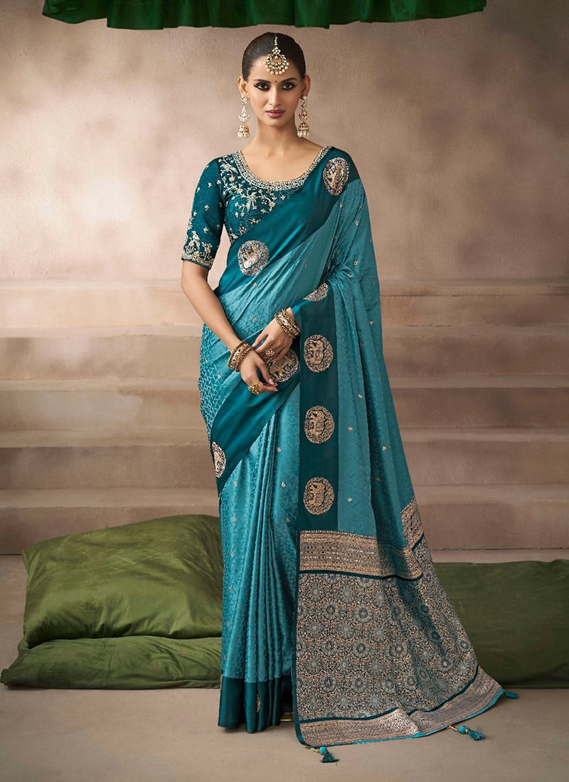 Rama Blue Satin Silk Zari Embroidered Sequins Saree Festive Wear