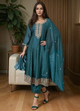 Rama Blue Silk Embroidered Sequins A Line Straight Pant Suit