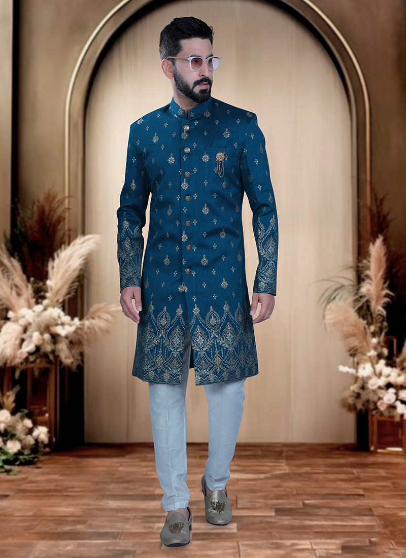 Rama Blue Silk Embroidered Sequins Indowestern Sherwani  For Men Wedding Wear