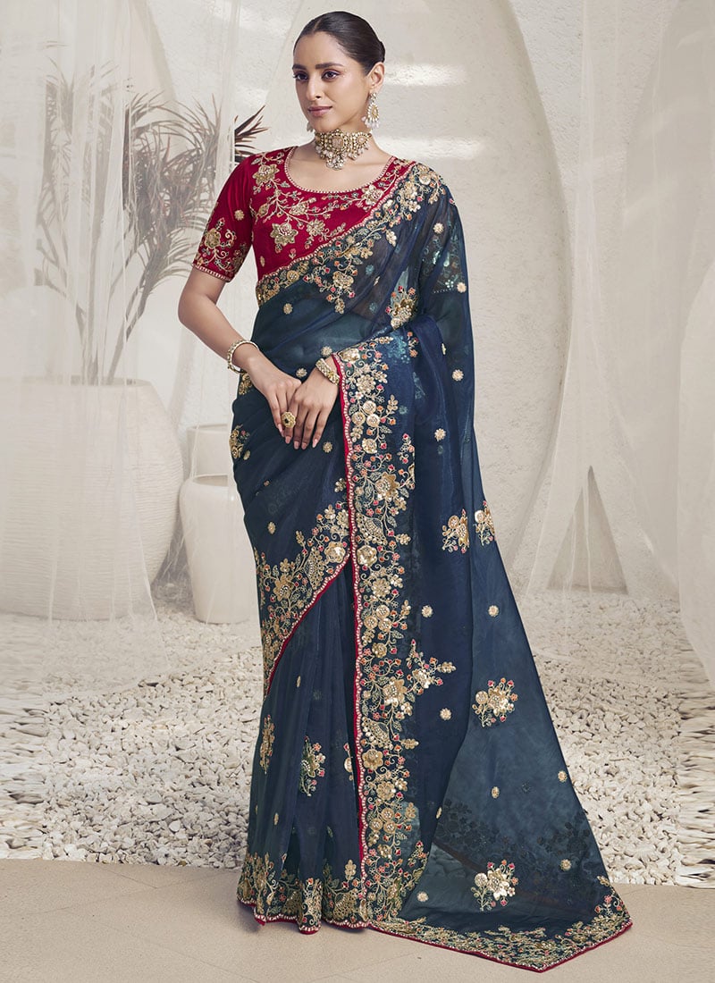 Rama Blue Silk Embroidered Stones And Sequins Saree