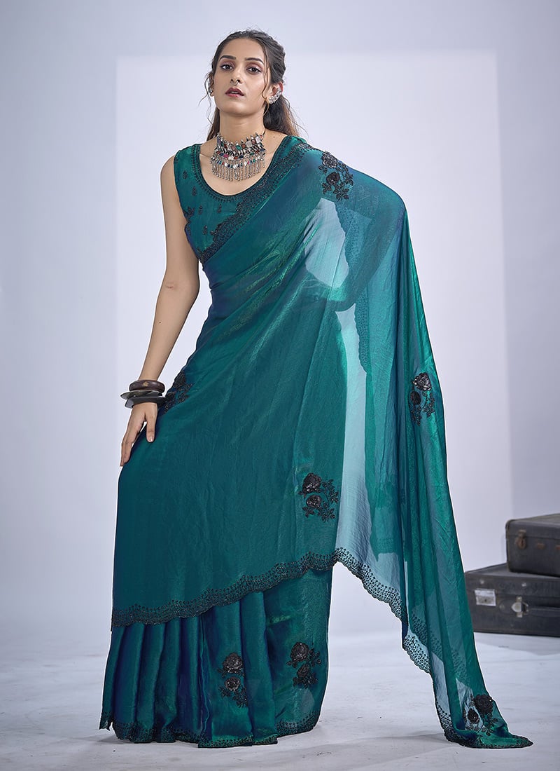 Rama Blue Silk Hand Embroidered Cutdana Sequins Saree After Six Wear