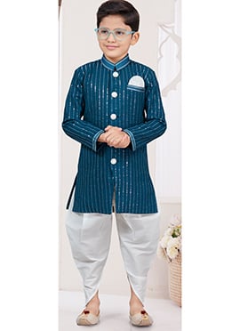 Rama Blue Silk Thread Sequins Kids Boys Indowestern Sherwani