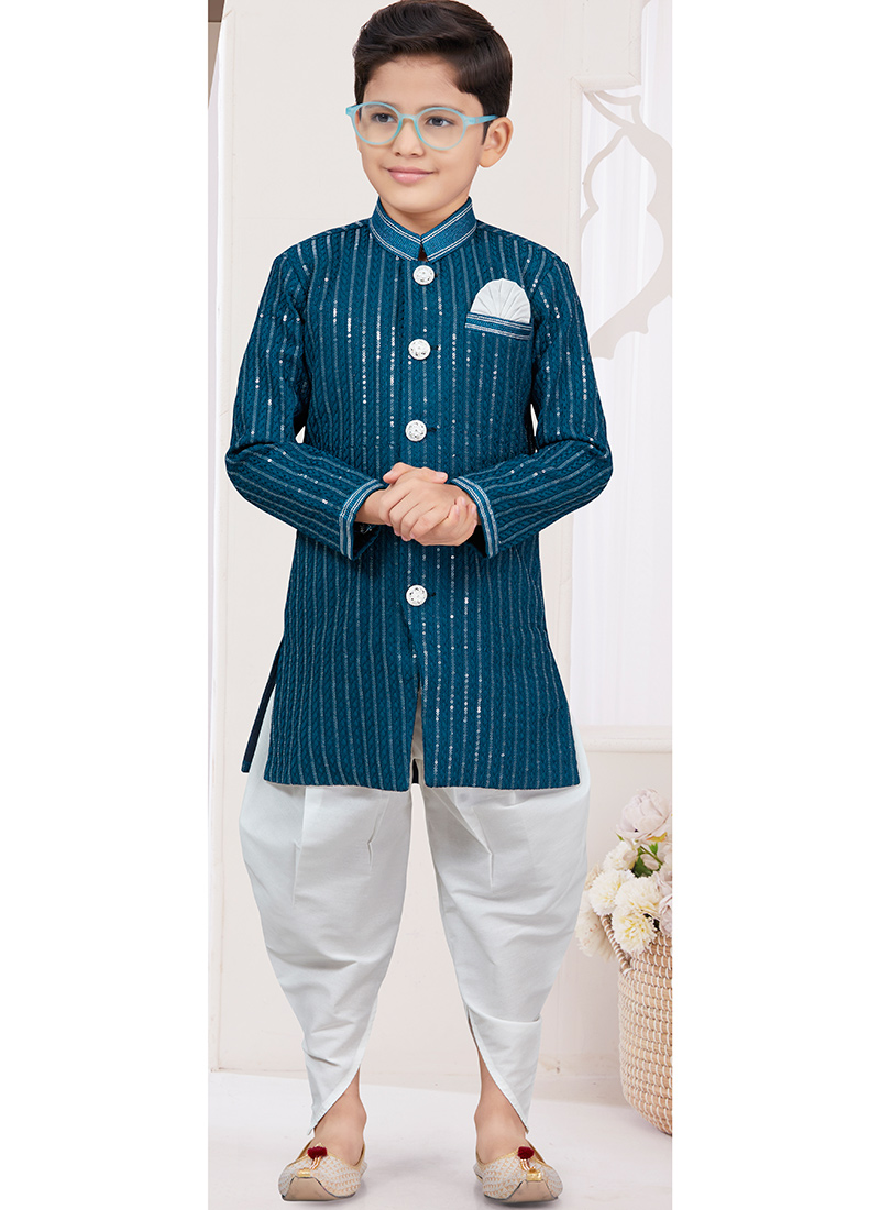 Rama Blue Silk Thread Sequins Kids Boys Indowestern Sherwani Wedding Wear