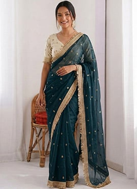 Rama Blue Silk Zari Embroidered Saree