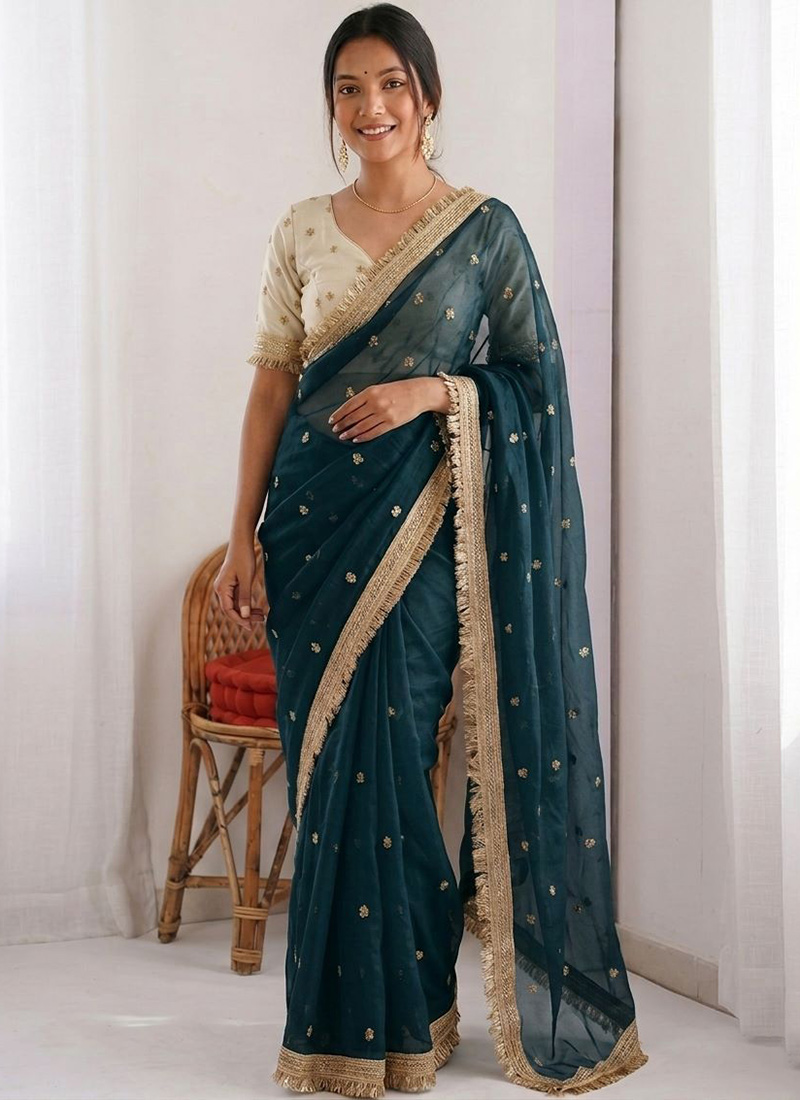 Rama Blue Silk Zari Embroidered Saree After Six Wear