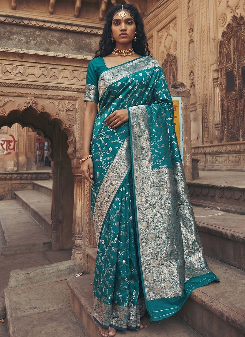 Rama Blue Silk Zari Jacquard Woven Saree Festive Wear