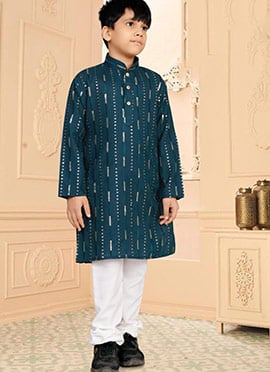 Rama Blue Soft Cotton Sequins Work Kids Boys Kurta Pyjama