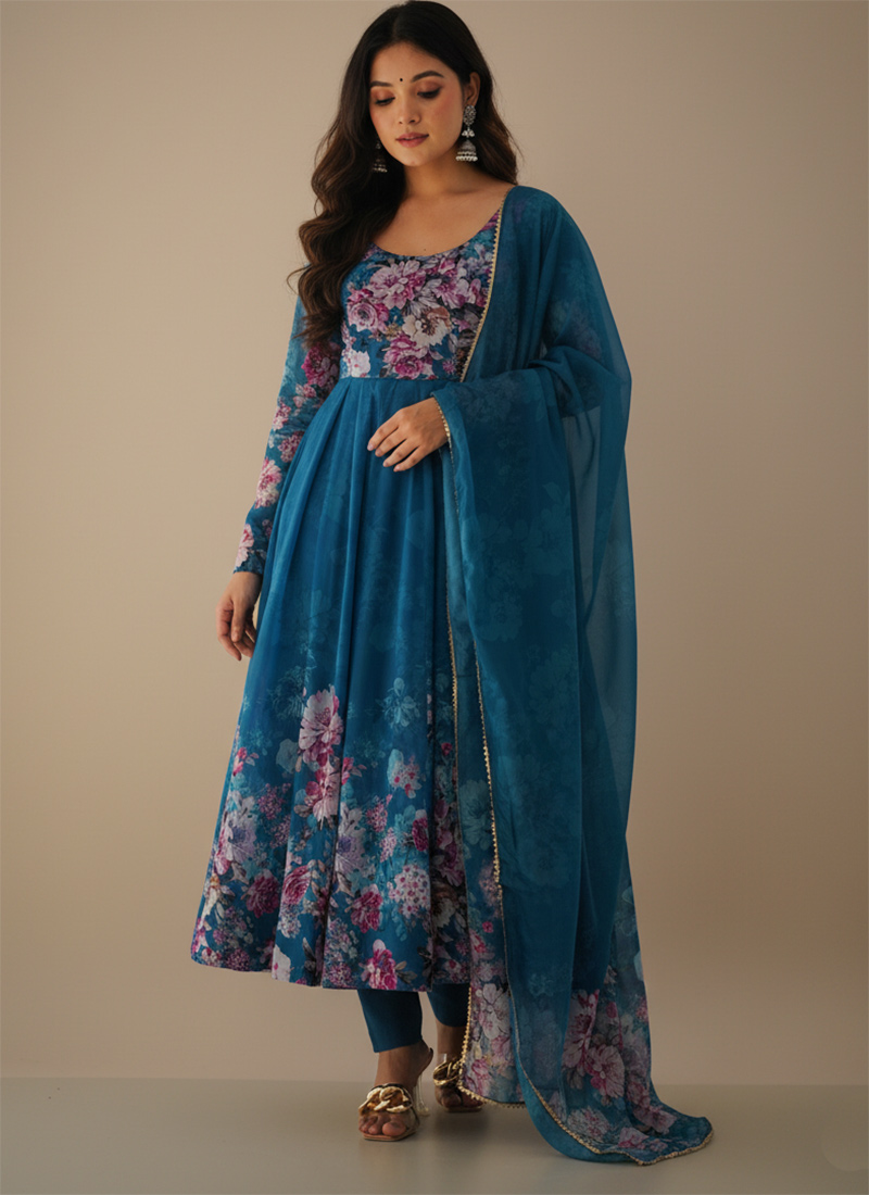 Rama Blue Soft Organza Silk Printed Anarkali Suit After Six Wear