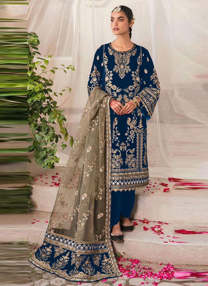 Rama Blue Velvet Zari Sequins Embroidered Straight Pant Suit