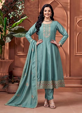 Rama Blue Vichitra Silk Embroidered Sequins Anarkali Suit