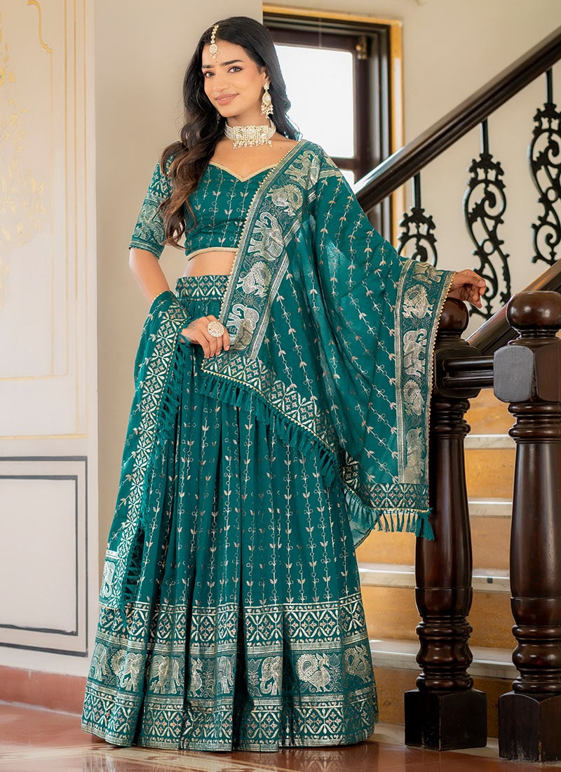 Rama Blue Vichitra Silk Foil Print Lehenga Wedding Wear