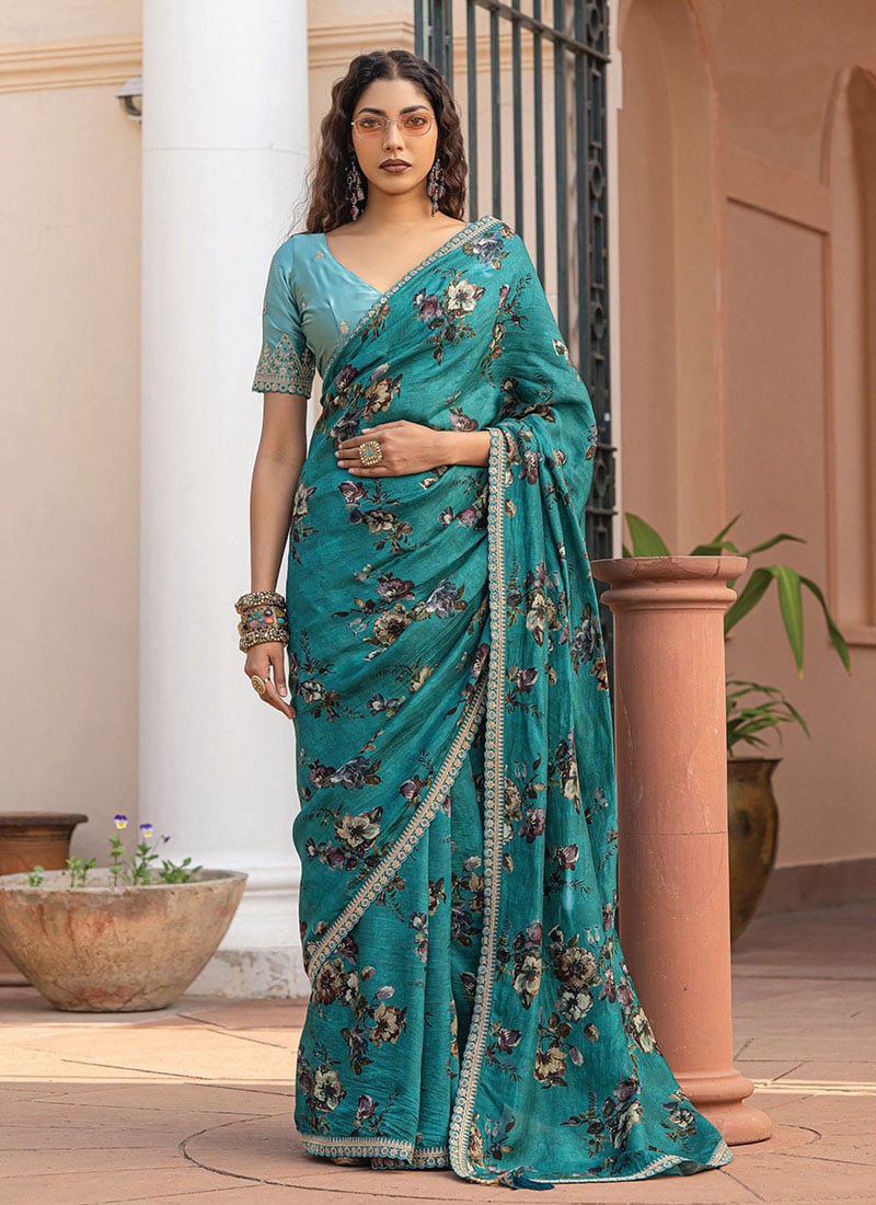 Rama Blue Viscose Dola Silk Zari Embroidered Sequins Floral Digital Print Saree Festive Wear