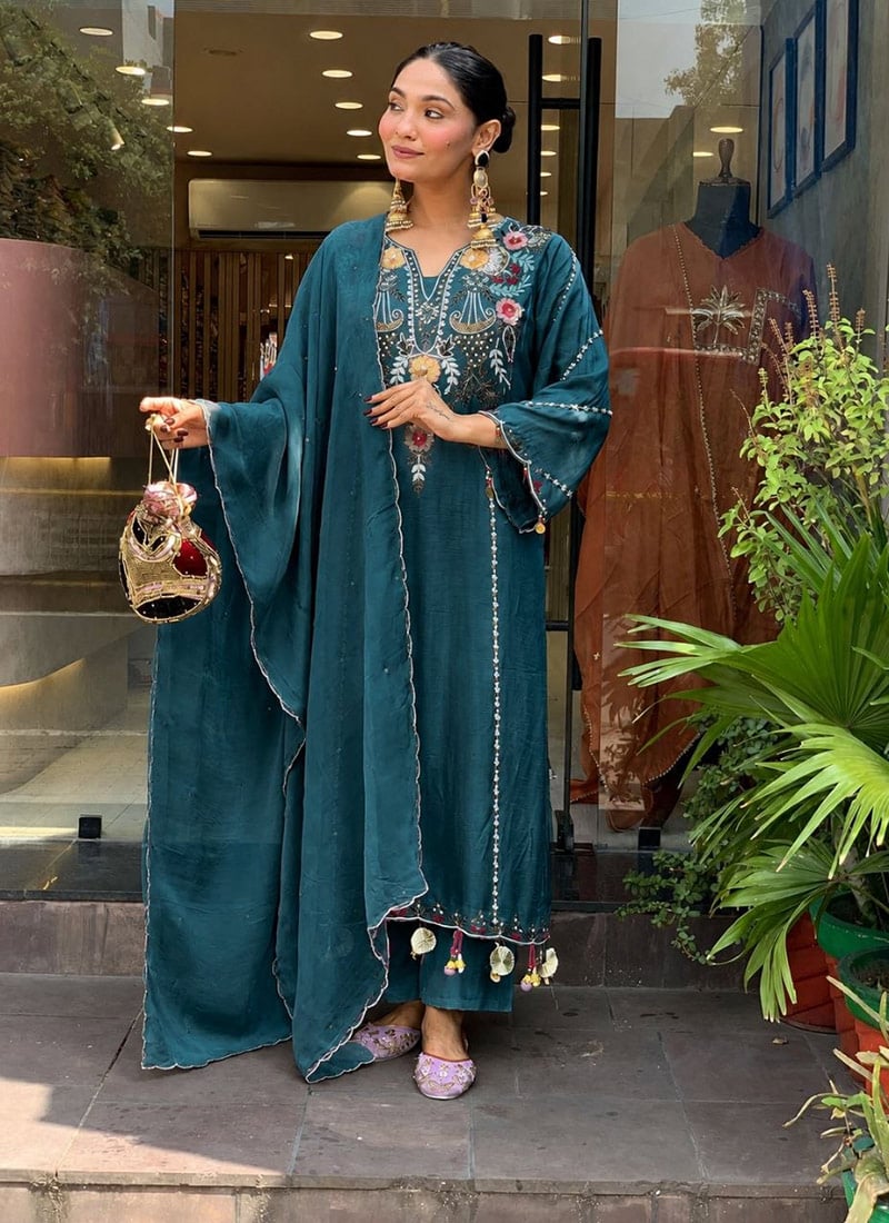 Rama Blue Viscose Embroidered Sequins Straight Pant Suit After Six Wear