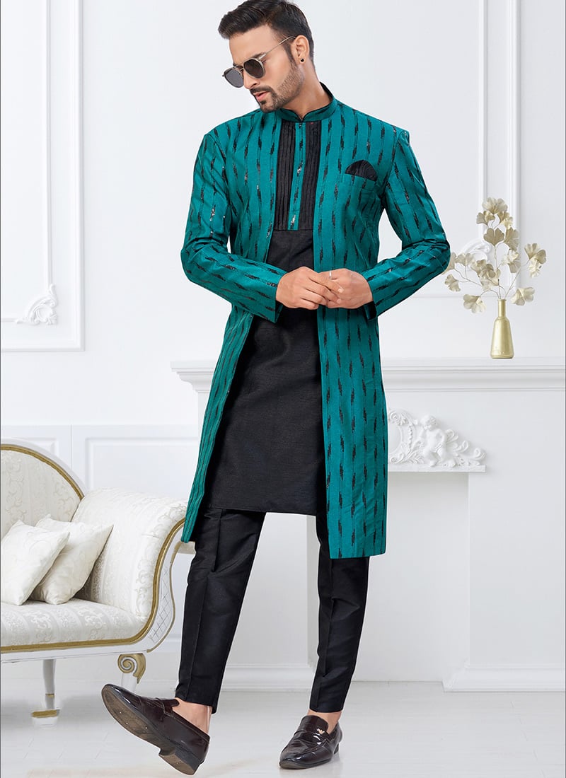 Rama Green  Black Banarasi Silk Sequins Indowestern Sherwani Festive Wear