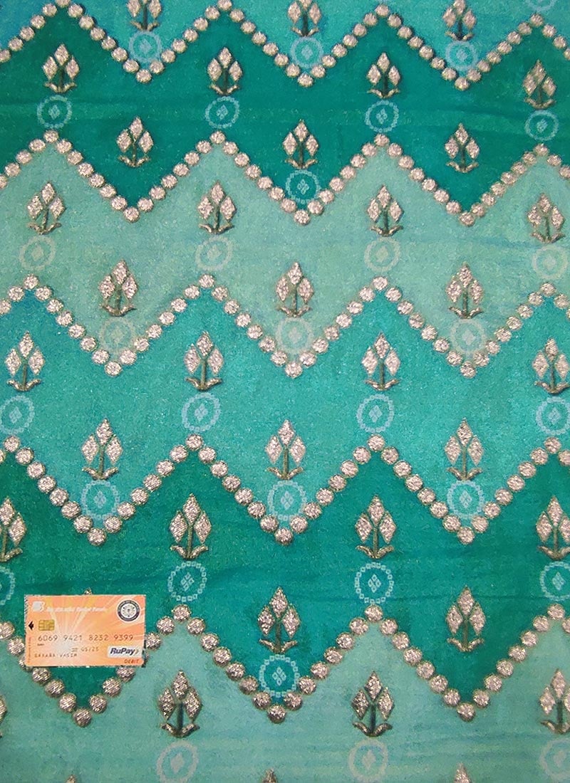 Rama Green Art Silk Digital Print Zari Fabric